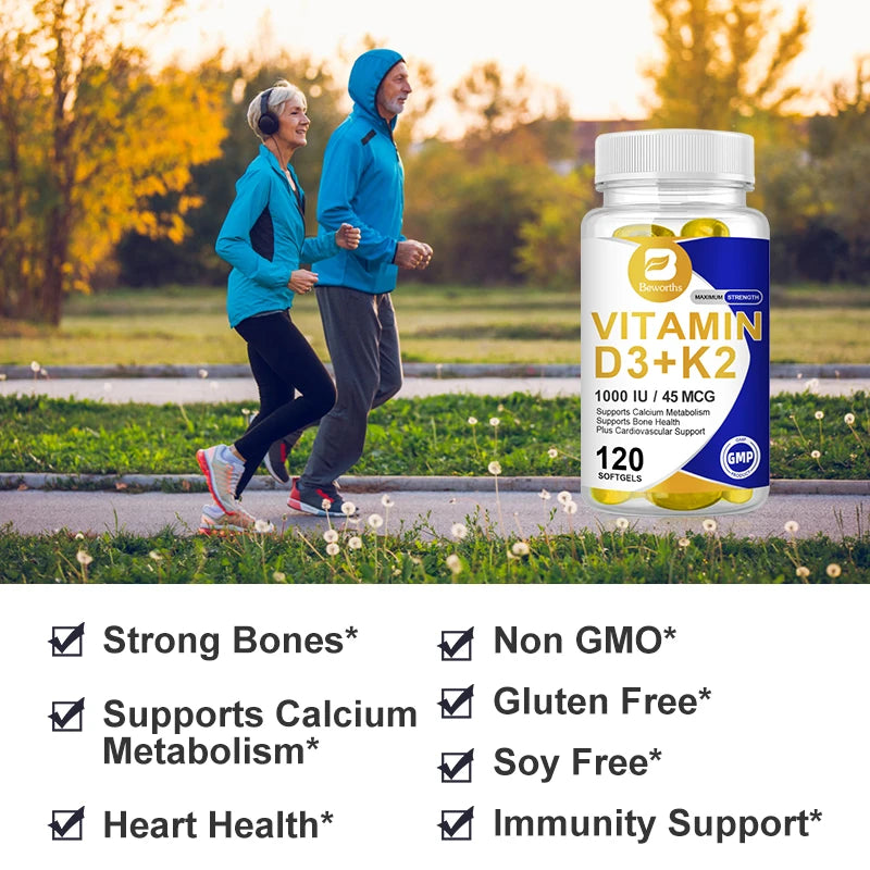 BEWORTHS Vitamin D3 & K2 Capsules Support Calcium Metabolism Absorption, Heart and Bone Health Vegan Gluten Free Strong Bone