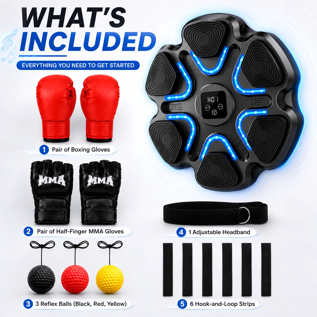 Hexagonal Music Boxing Machine with Gloves for Kids Adults Smart Boxing Target 9 Speed Modes 9 Levels 2 Pairs Gloves Black Red 6 Long 2 Short Velcro Strips Easy Install No Drilling Home Fitness Gift for Family Teen Boys