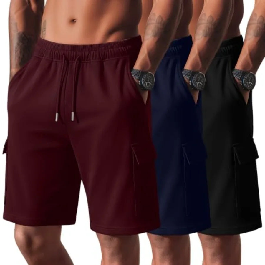 3 Pack Mens Cargo Shorts Summer Athletic 9" Sweat Shorts Drawstring Elastic Waist Bermuda Pants with 4 Pockets