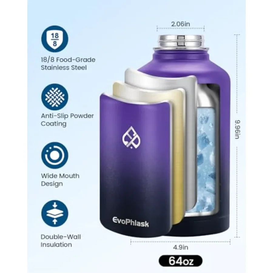 Insulated Water Bottle, Vacuum Stainless Steel Water Bottle Keep Cold 48Hrs, Half Gallon Large Water Jug for Travel, Sport, Gym