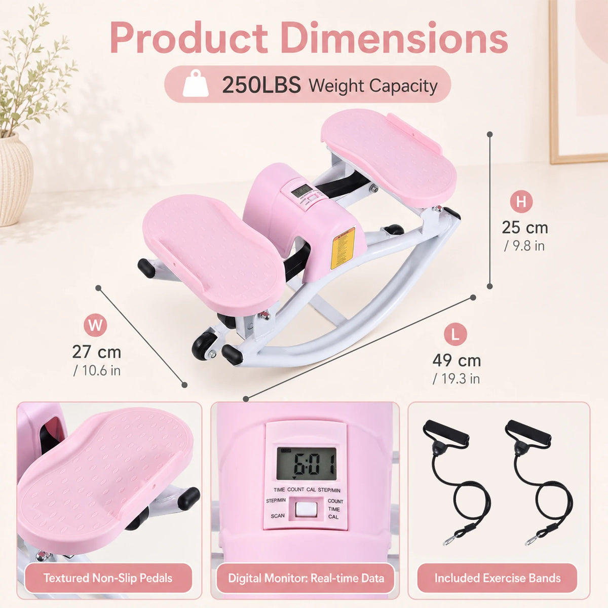 Rock Stepper Side to Side Lateral Rocking Stepper with Resistance Bands and Digital Monitor, 250 lbs Capacity Mini Stepper for Home Indoor Workout, Low Impact Full Body Exercise Machine for Legs Glutes Thighs Core Toning