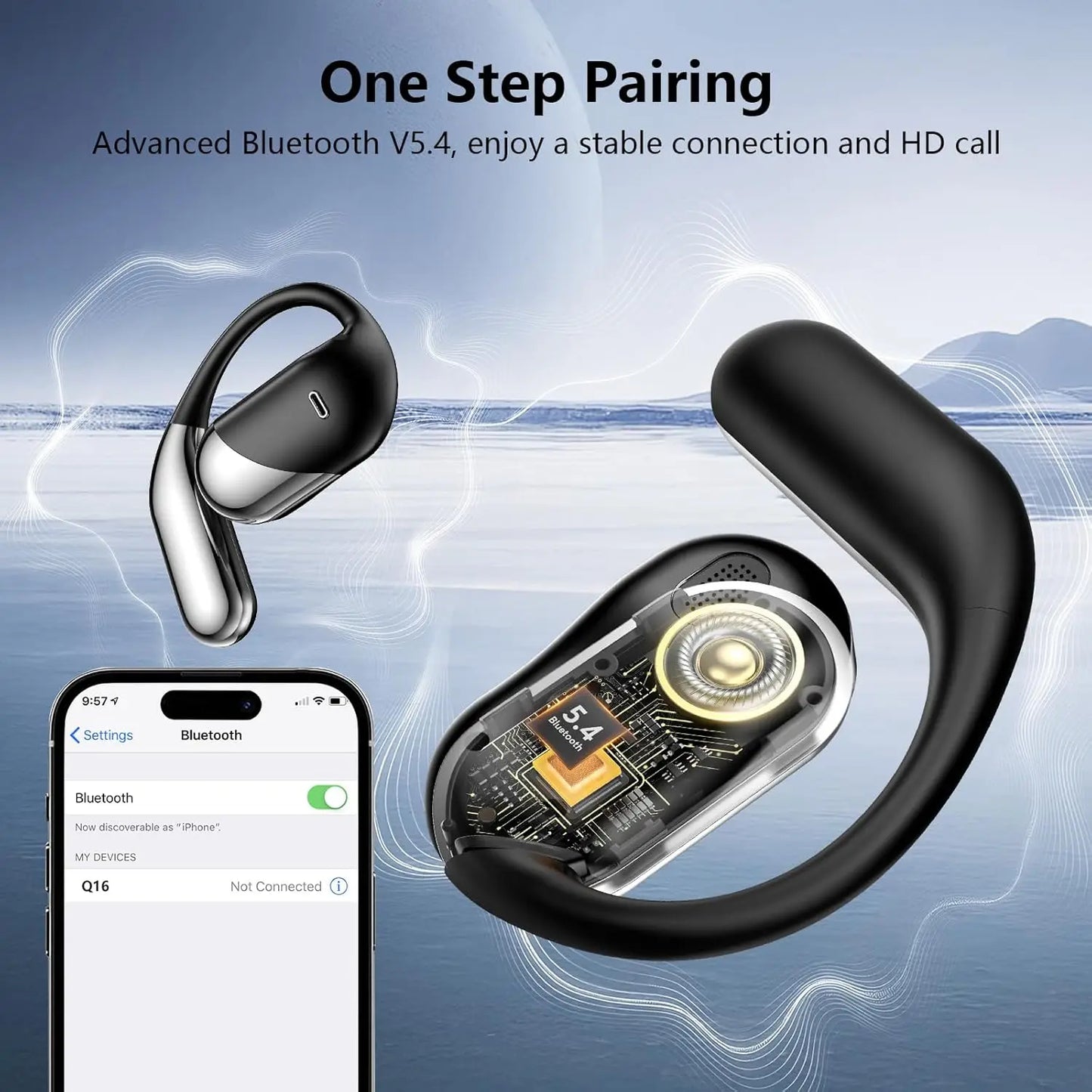Open Ear Bone Conduction Headphones，,Over Ear Earbuds With Ergonomic Earhook,Bluetooth Headphones 5.4 With Smart Digital Display