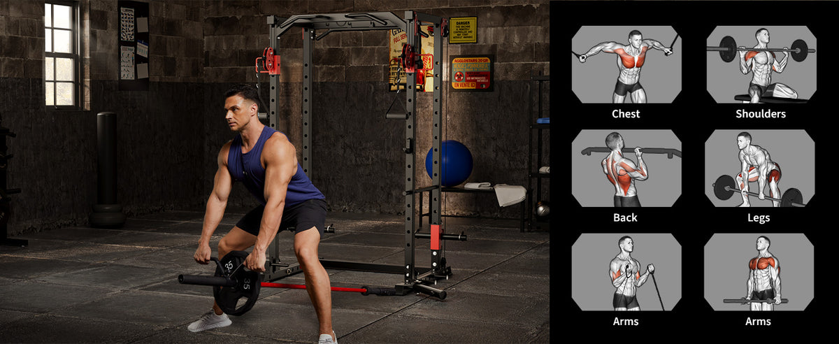 Multi-Functional Power Rack for Home Gym – Dual Pulley Cable System, 1200 lb Capacity Squat Cage with Training Attachments, Red