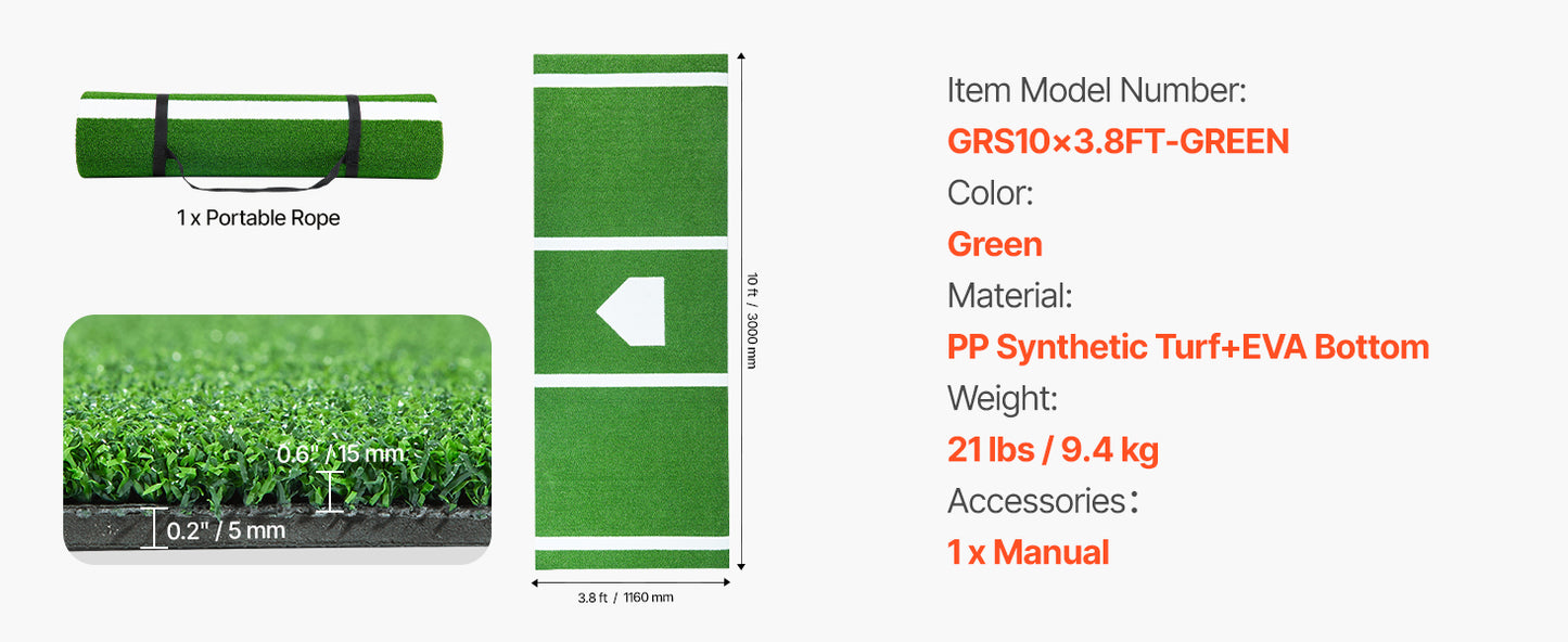 SucceBuy 10x3.8 ft/12x6 ft Baseball Hitting Turf Mat Softball Batting Practice Equipment with Home Plate Portable for Outdoor