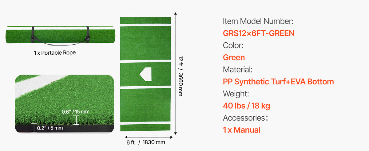 SucceBuy 10x3.8 ft/12x6 ft Baseball Hitting Turf Mat Softball Batting Practice Equipment with Home Plate Portable for Outdoor