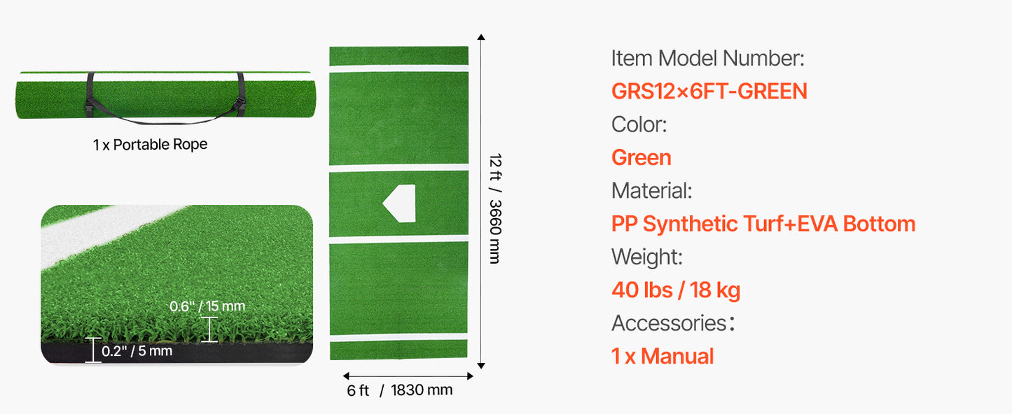 SucceBuy 10x3.8 ft/12x6 ft Baseball Hitting Turf Mat Softball Batting Practice Equipment with Home Plate Portable for Outdoor