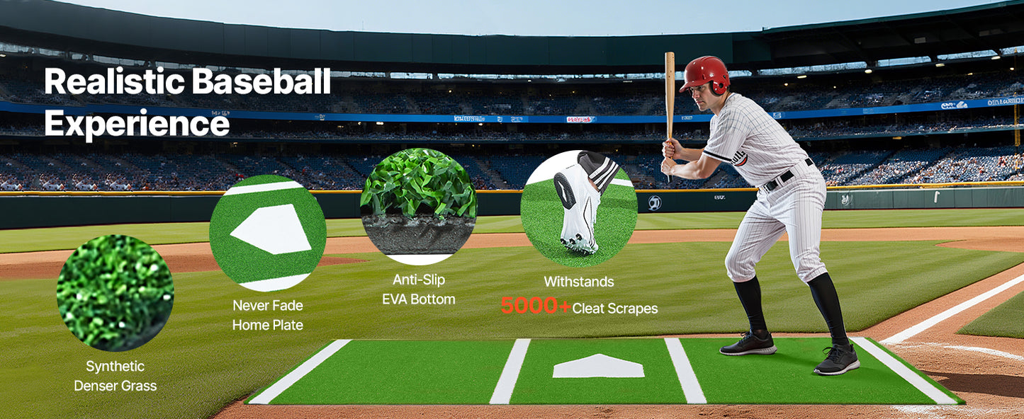 SucceBuy 10x3.8 ft/12x6 ft Baseball Hitting Turf Mat Softball Batting Practice Equipment with Home Plate Portable for Outdoor