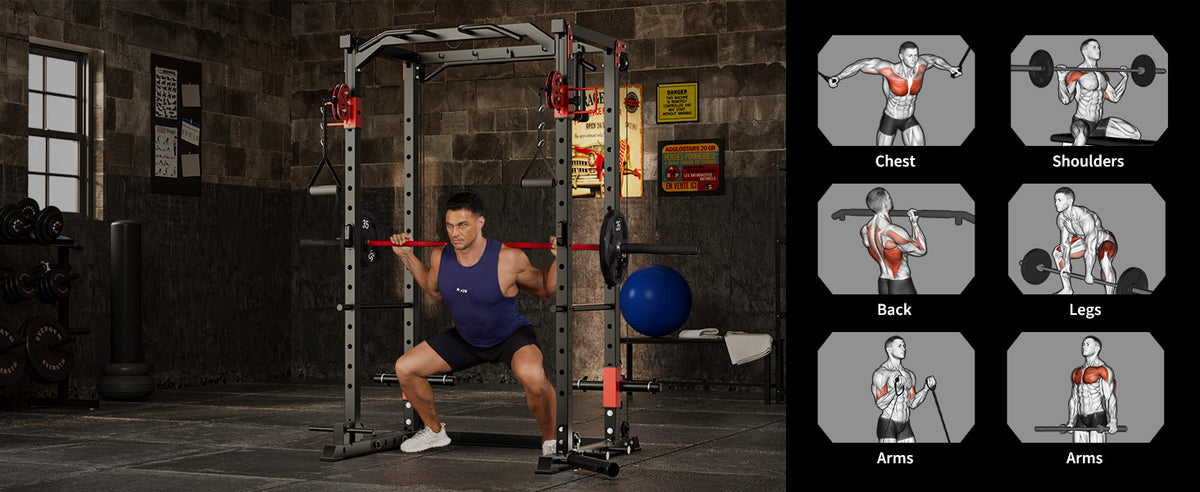 Multi-Functional Power Rack for Home Gym – Dual Pulley Cable System, 1200 lb Capacity Squat Cage with Training Attachments, Red